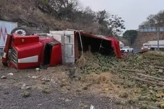 Vuelca camión en autopista de Veracruz; realizan rapiña de piña 